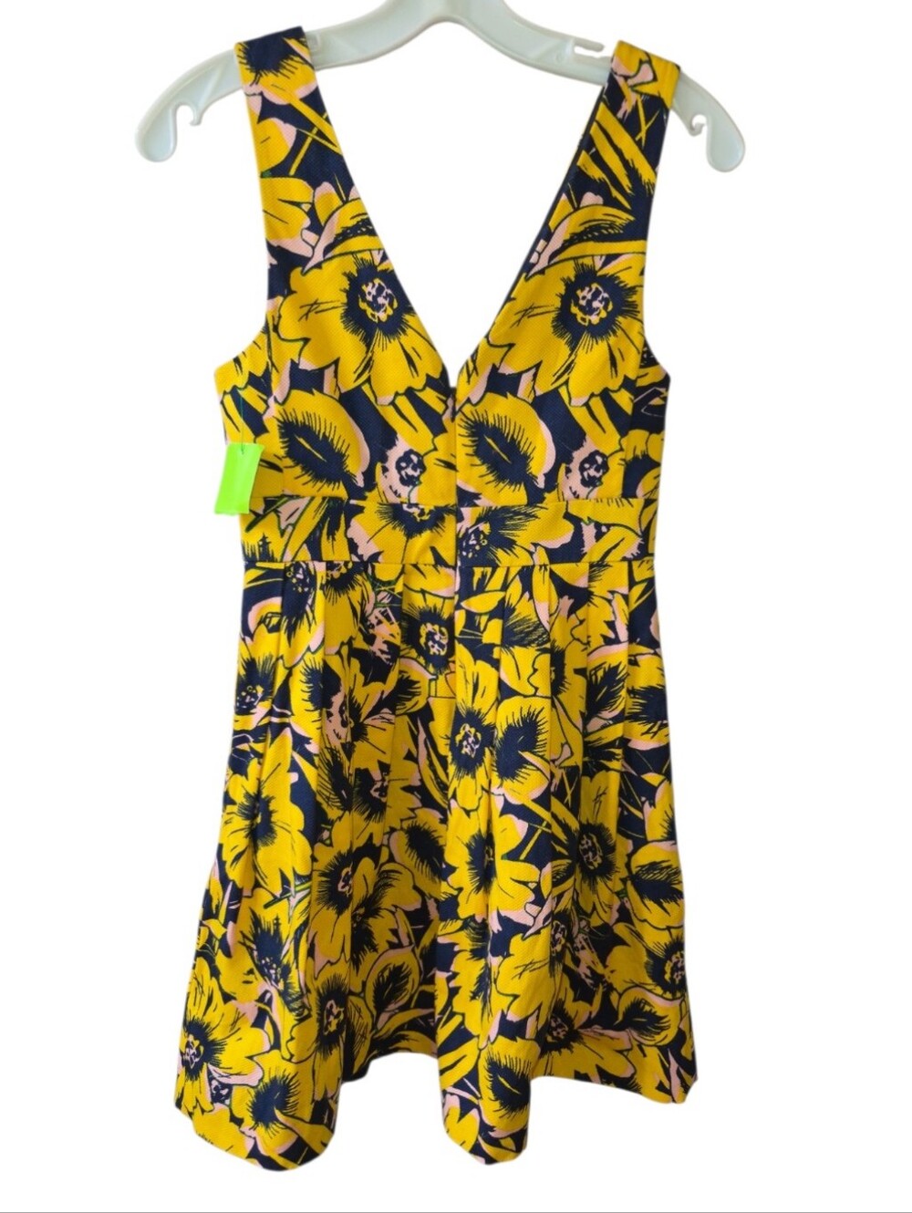 J.Crew Floral Fit & Flare Dress Women's Size 00 Yellow Navy Sleeveless V-Neck - Picture 2 of 3